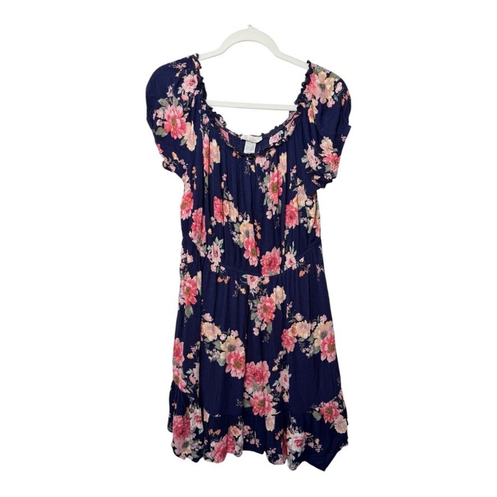 Blu Dahlia Floral Mini Dress Women Large Navy Cottagecore Puff Sleeve Ruffle